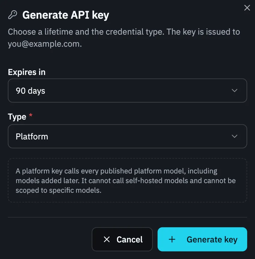 The Generate API key dialog with Type set to Platform. No model list is offered; a note explains the key calls every published platform model, including ones added later.