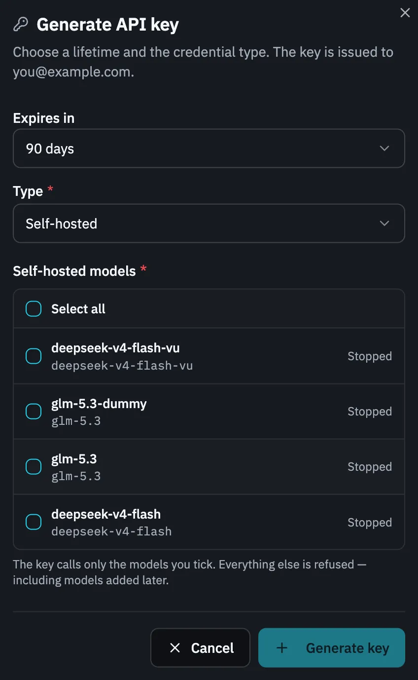 The Generate API key dialog. Expires in reads 90 days, Type reads Self-hosted, and a checkbox list underneath offers each self-hosted model with its Served Model Name and current status.