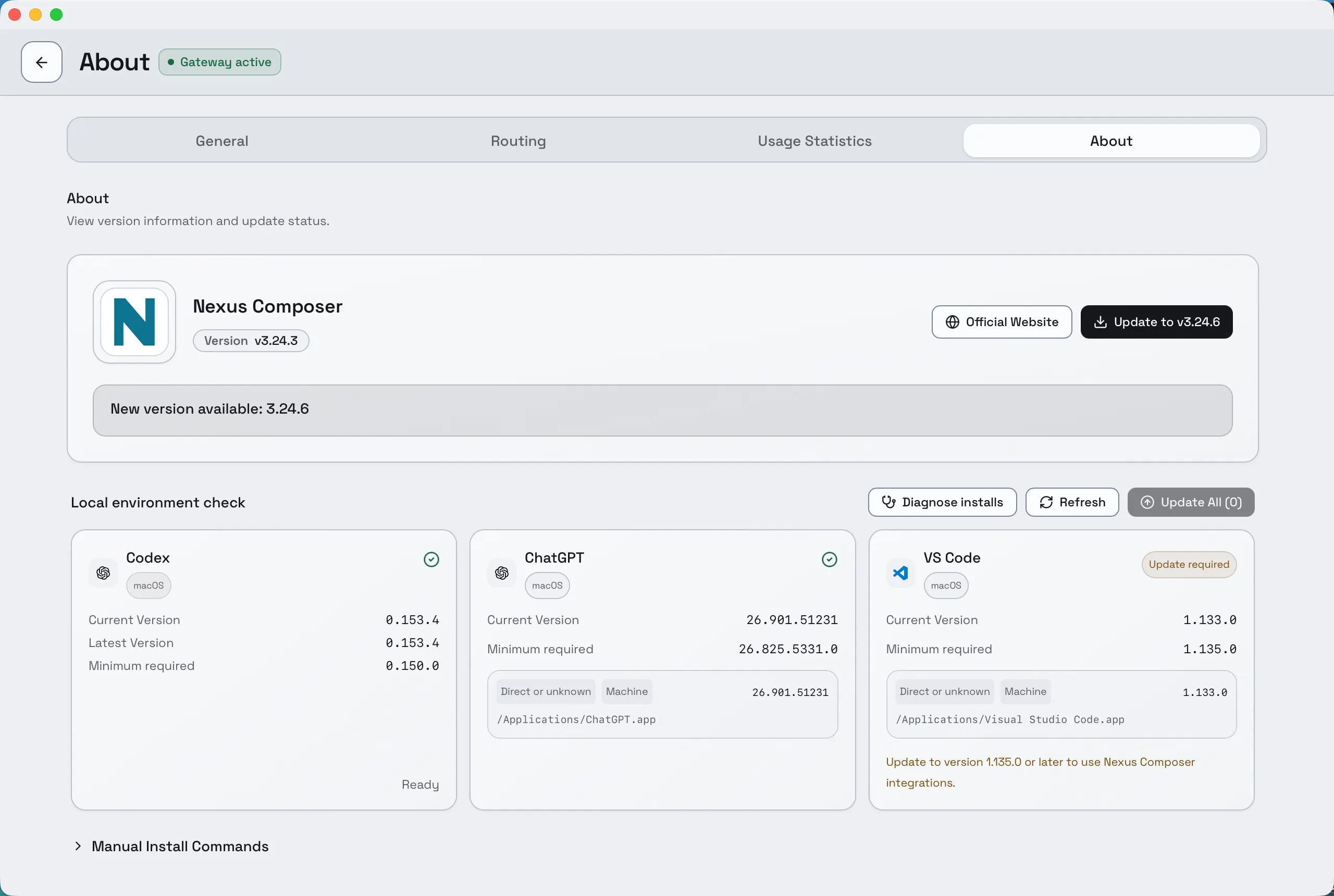 Composer Settings, About tab. A local environment check lists Codex, ChatGPT and VS Code side by side with their current, latest and minimum-required versions; VS Code is flagged Update required.