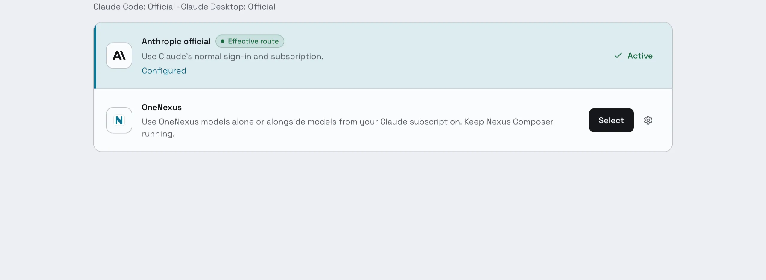 Composer's Claude page. The status line reads Claude Code: Official · Claude Desktop: Official. Two provider cards: Anthropic official, marked Effective route and Active, and OneNexus with a Select button and a gear icon.