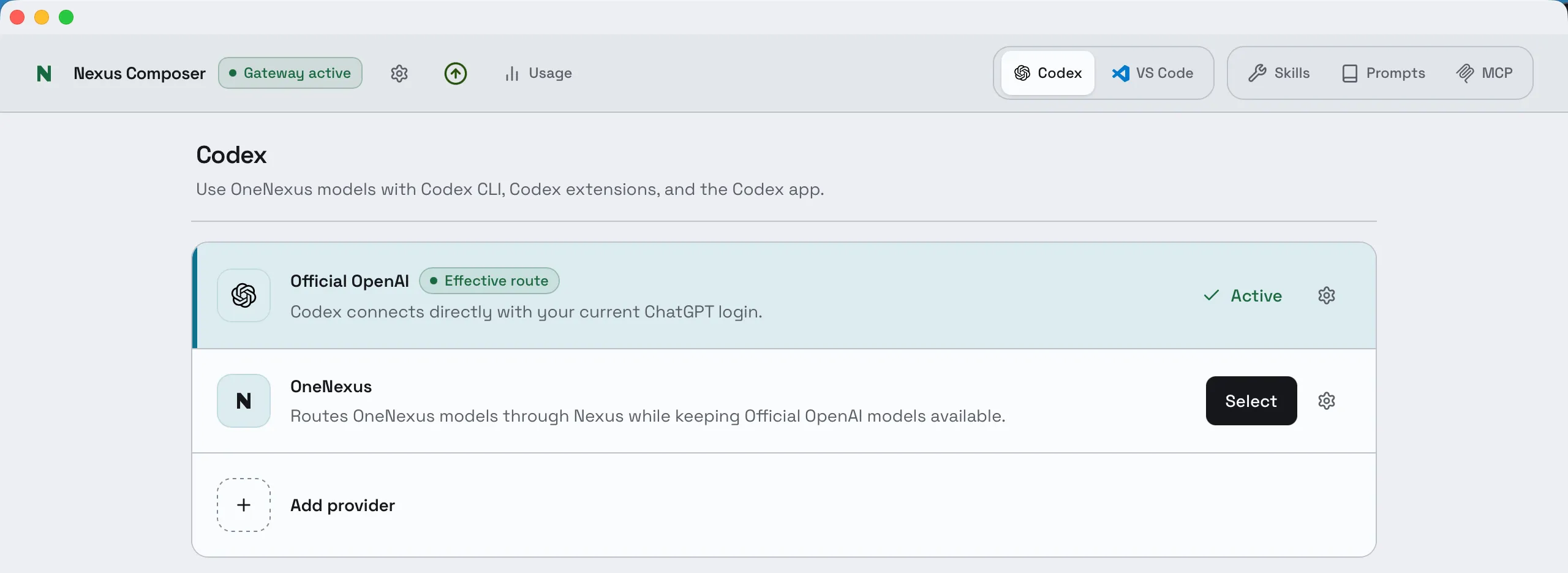 Composer's Codex page. Two provider cards: Official OpenAI, marked Effective route and Active, and OneNexus with a Select button. Below them, Add provider.