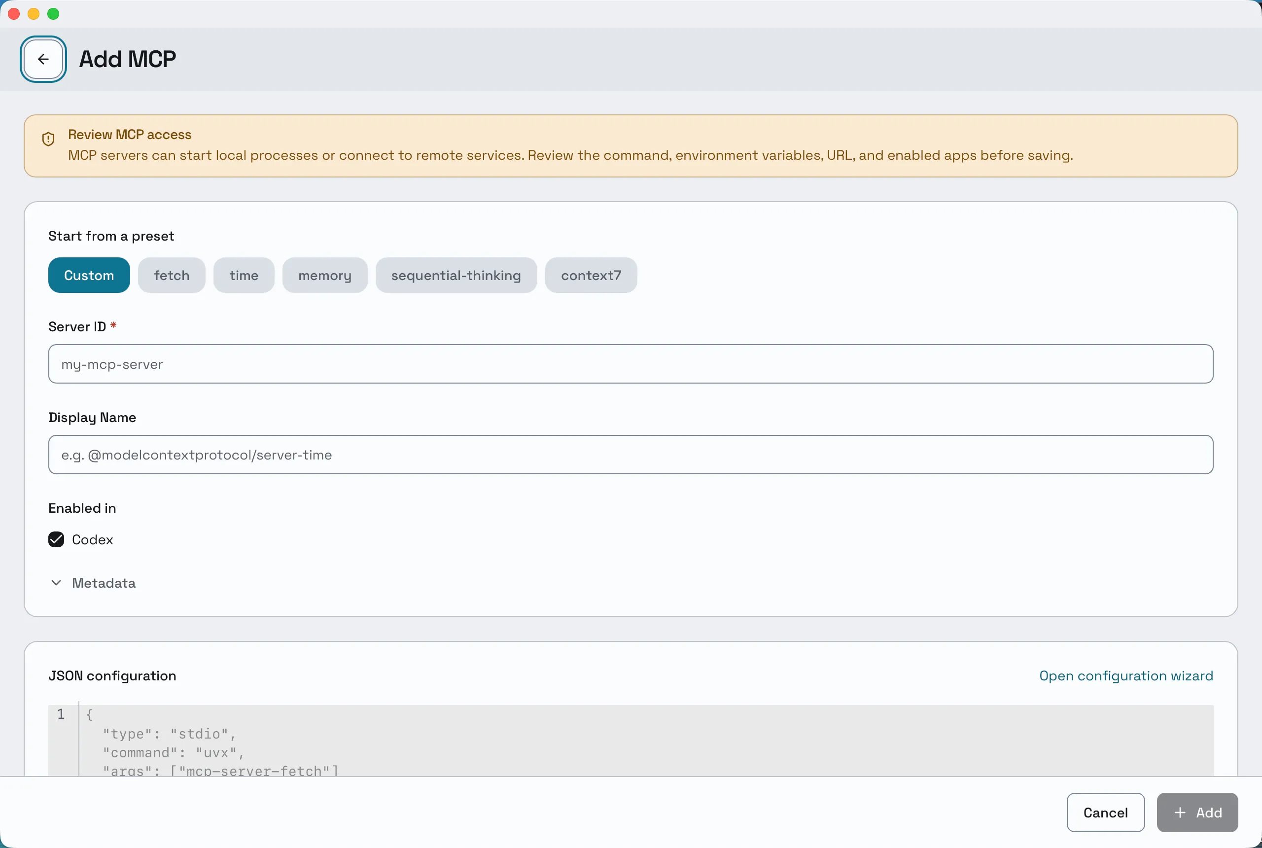Composer's Add MCP form. A caution banner about reviewing MCP access sits above preset buttons, a required Server ID, a Display Name, an Enabled in checkbox list, and a JSON configuration editor with a link to a configuration wizard.