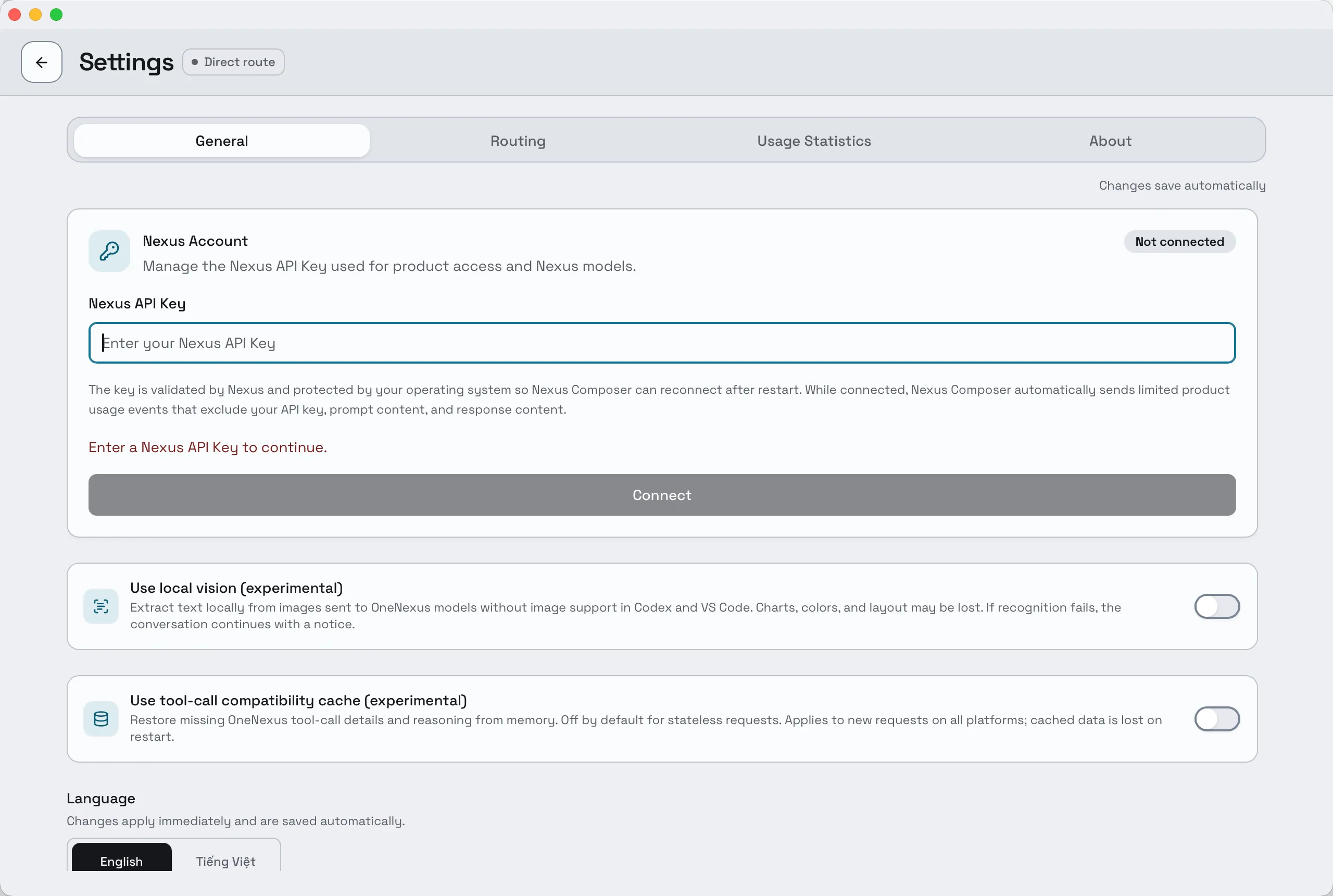 Composer Settings, General tab. The Nexus Account card reads Not connected, with an empty Nexus API Key field, the message Enter a Nexus API Key to continue, and a greyed-out Connect button.