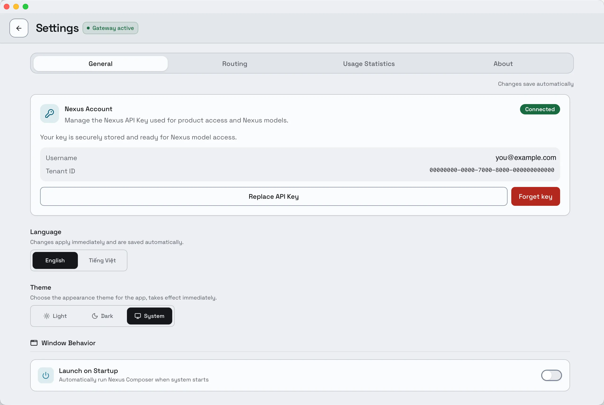 Composer Settings, General tab. The Nexus Account card reads Connected and lists the signed-in username and tenant ID, with Replace API Key and Forget key beneath.