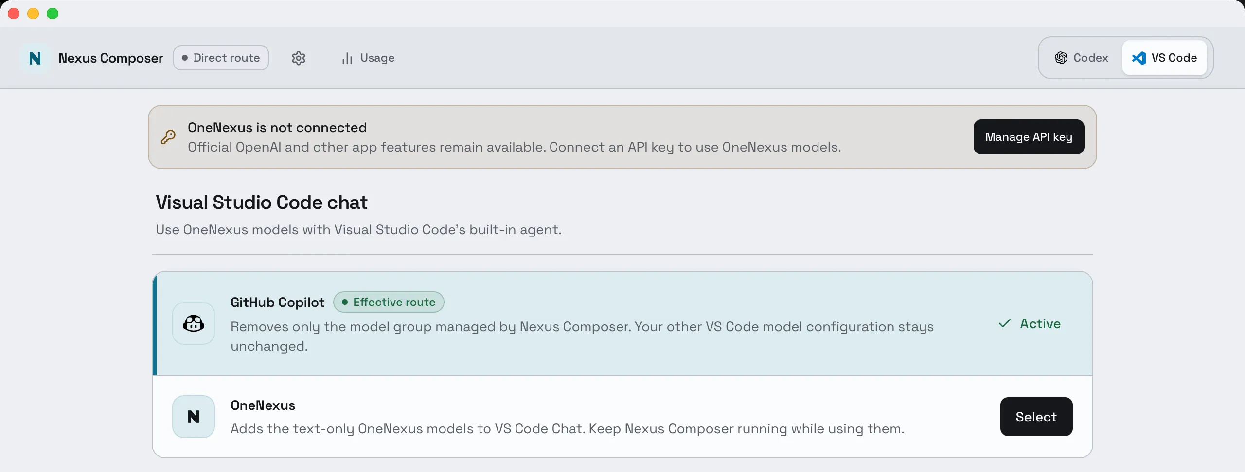 Composer's VS Code page with a banner across the top: OneNexus is not connected. Official OpenAI and other app features remain available. A Manage API key button sits at the banner's right end.
