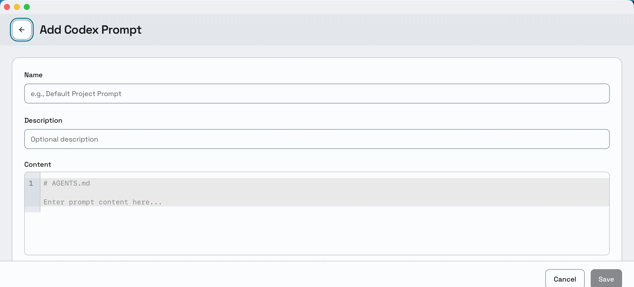 Composer's Add Codex Prompt form: a Name field, an optional Description, and a Content editor, with Cancel and Save.