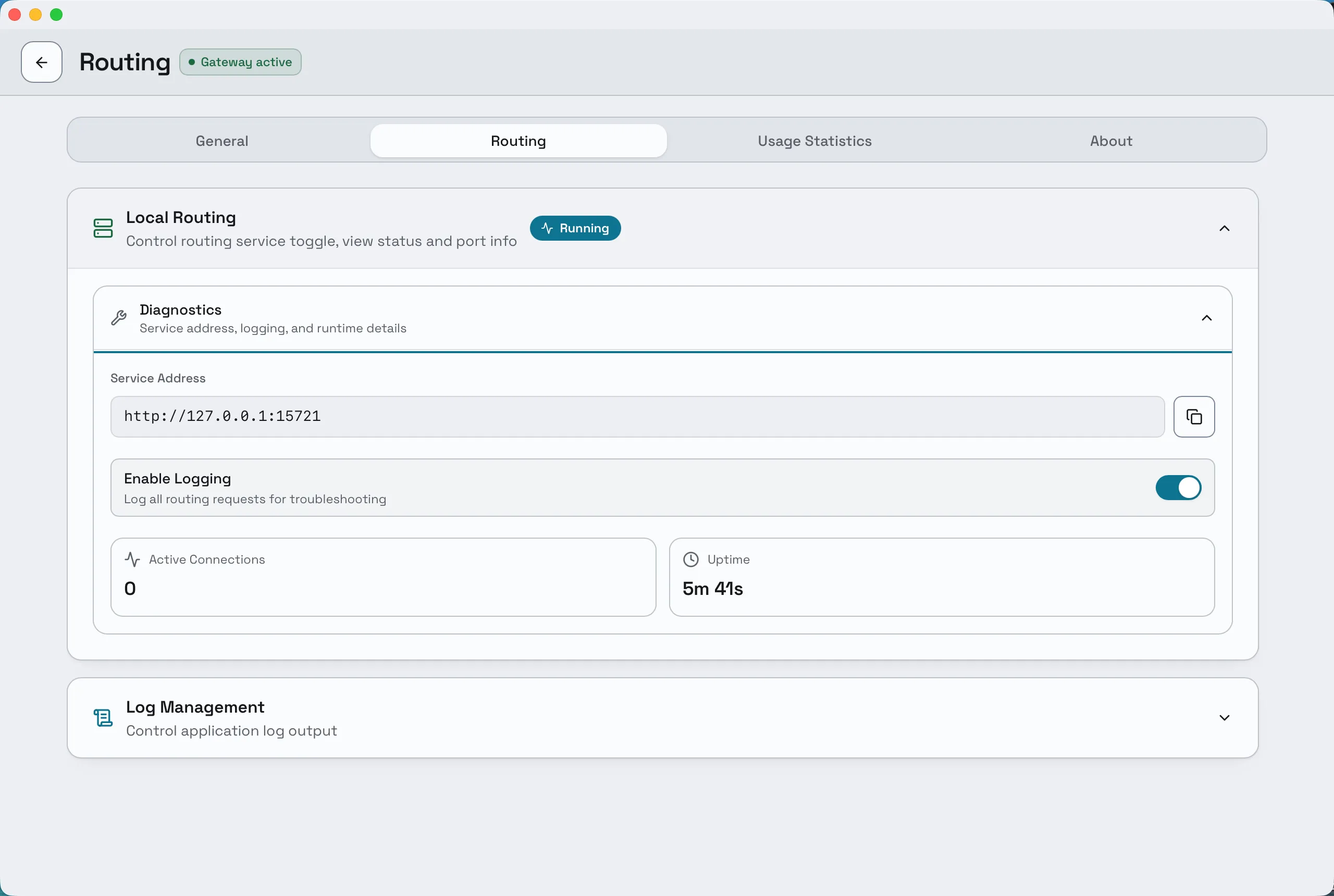 Composer Settings, Routing tab. The Local Routing card is expanded and carries a Running badge, with a Diagnostics section for service address, logging and runtime details.