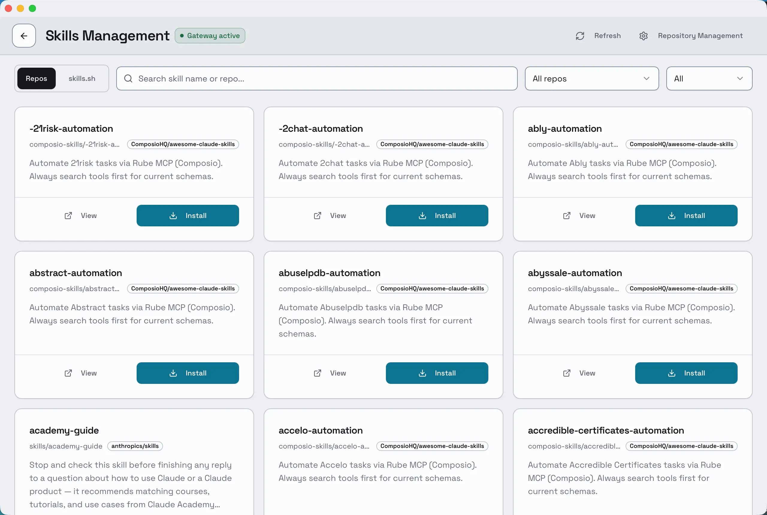 Composer's skill discovery view. A search box and repository filters sit above a grid of skill cards, each showing its name, its source repository, a description, and View and Install buttons.
