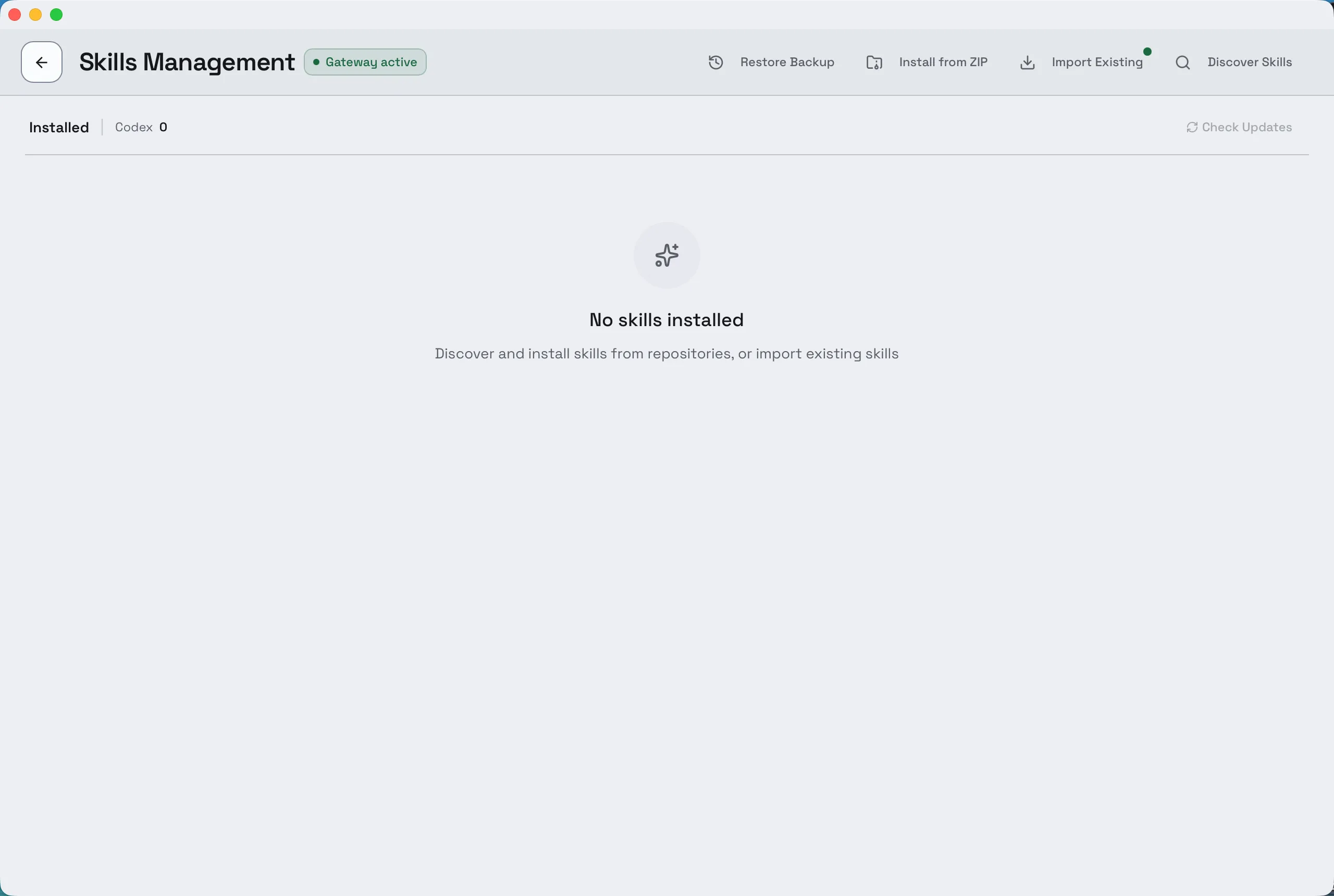 Composer's Skills Management page with no skills installed yet. Restore Backup, Install from ZIP, Import Existing and Discover Skills sit along the top bar.