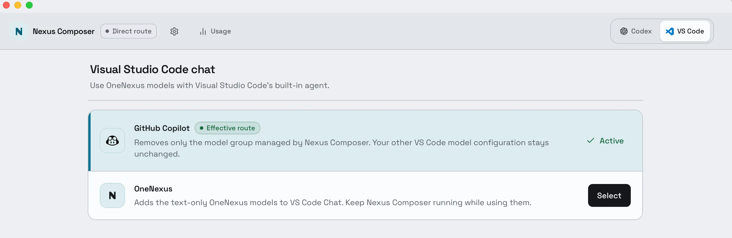 Composer's VS Code page, titled Visual Studio Code chat. Two provider cards: GitHub Copilot, marked Effective route and Active, and OneNexus with a Select button.