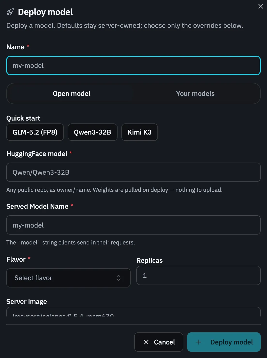 The Deploy model dialog: a Name field, an Open model / Your models switch, Quick start preset buttons, a HuggingFace model field, Served Model Name, Flavor and Replicas.