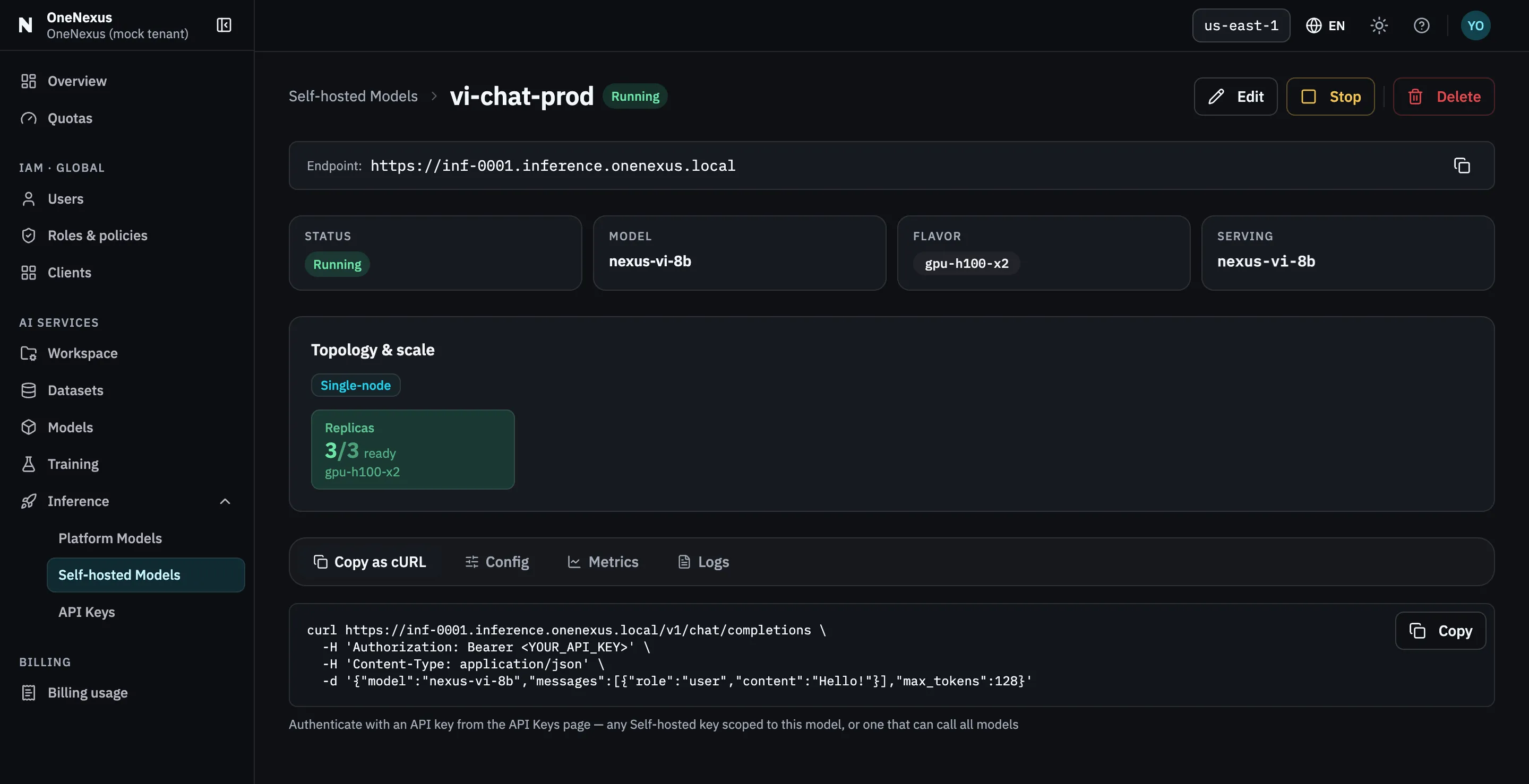 A model detail page in the Running state: the endpoint across the top, status Running, replicas 3 of 3 ready, and a Copy as cURL panel holding a complete curl command.