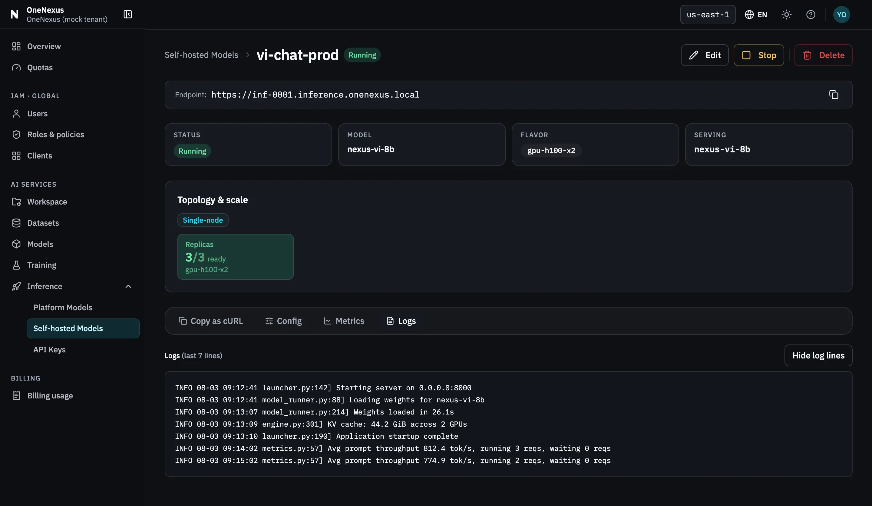 A model detail page with the Logs tab selected, listing timestamped serving lines: server start, weight loading, KV cache size, startup complete and throughput samples.