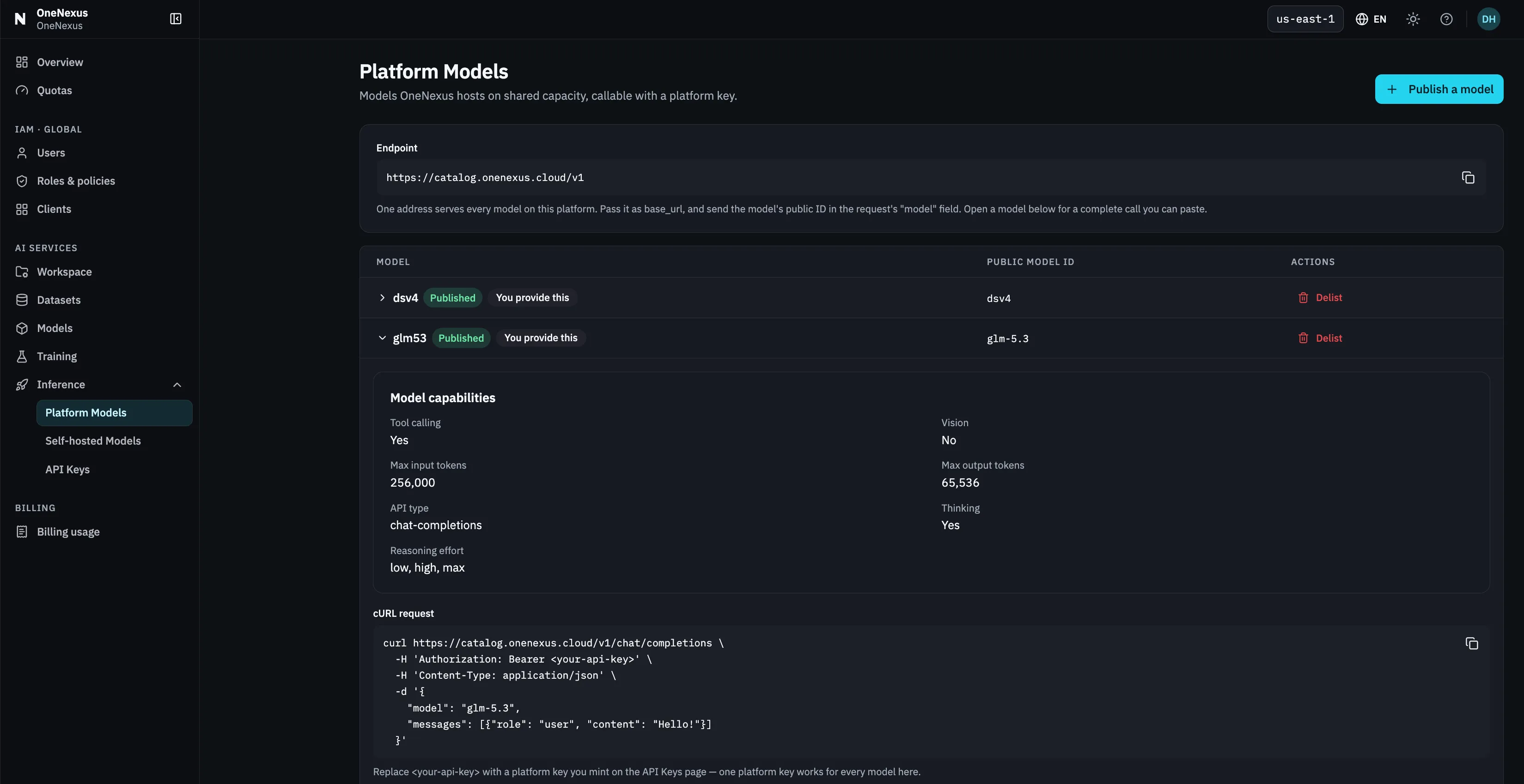 The Platform Models page. A shared endpoint sits above the table; one row is expanded to show model capabilities and a cURL request whose body sets model to the public model id.