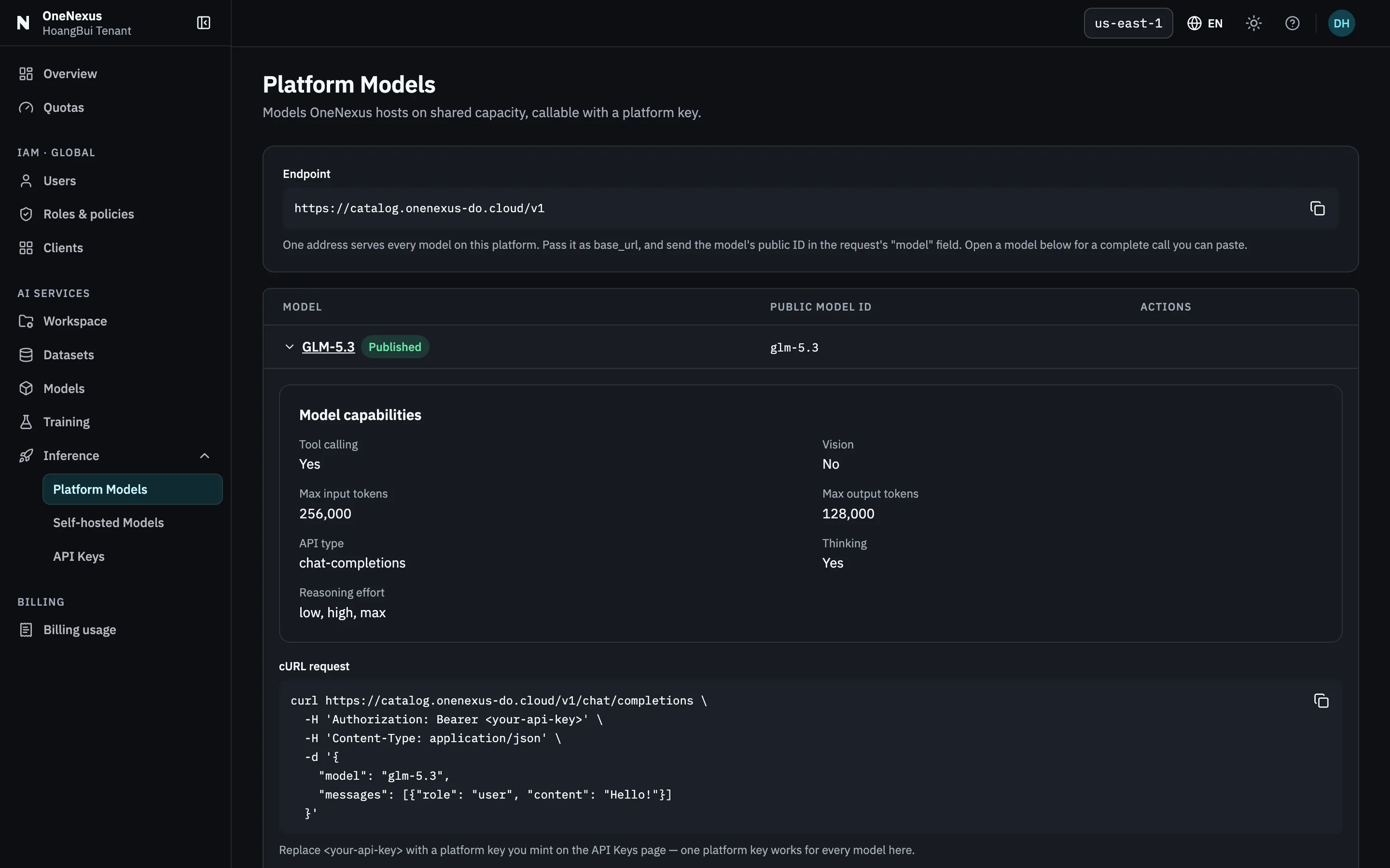 The Platform Models page. A shared endpoint sits above the table; one row is expanded to show model capabilities and a cURL request whose body sets model to the public model id.