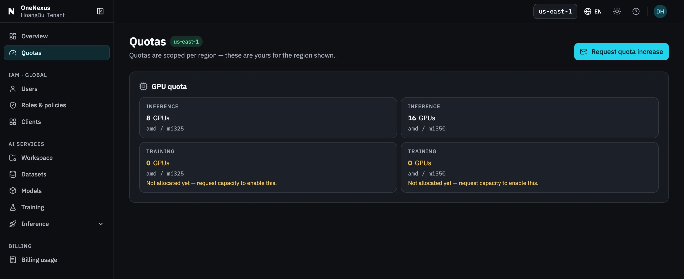The Quotas page for one region. A GPU quota card lists two Inference allocations, 8 GPUs on amd/mi325 and 16 on amd/mi350, and two Training rows reading 0 GPUs, not allocated yet.