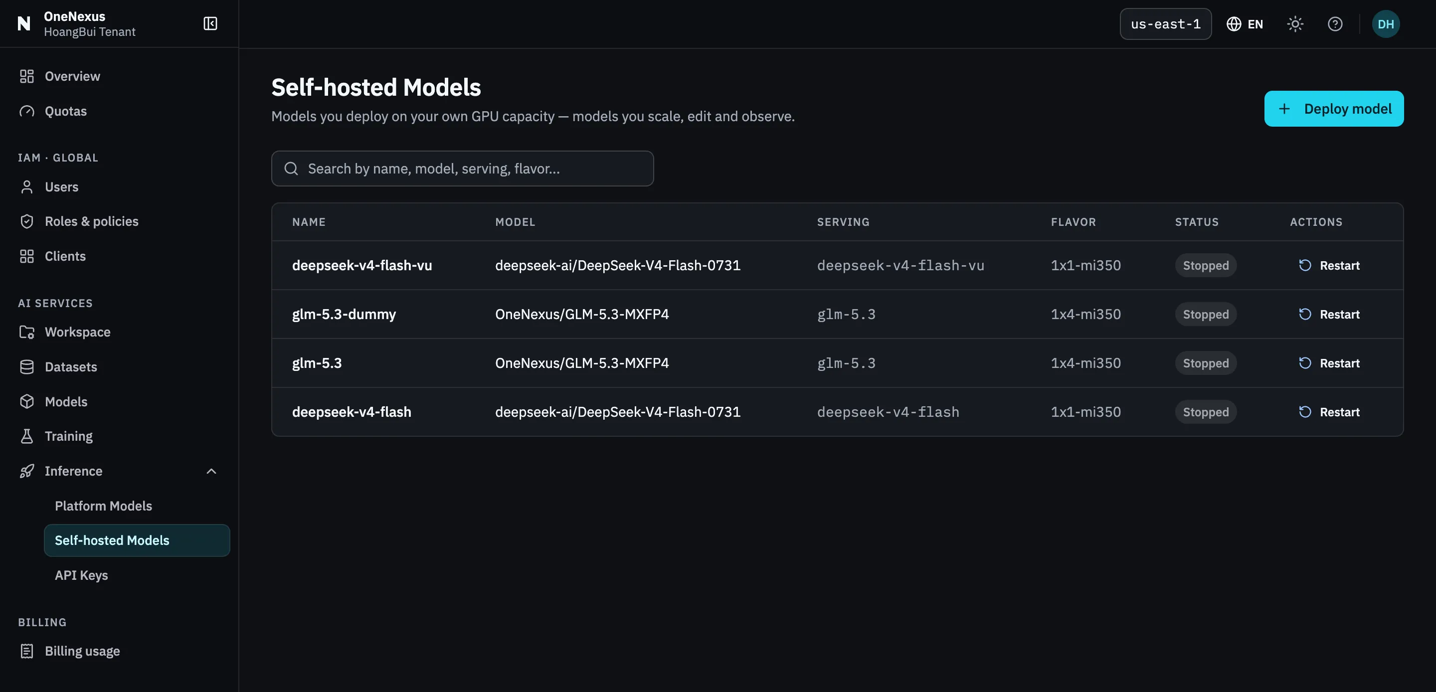 The Self-hosted Models list. Deploy model is a button at the top right; each row shows the resource name, the model it serves, the Serving name, the Flavor and a status badge.