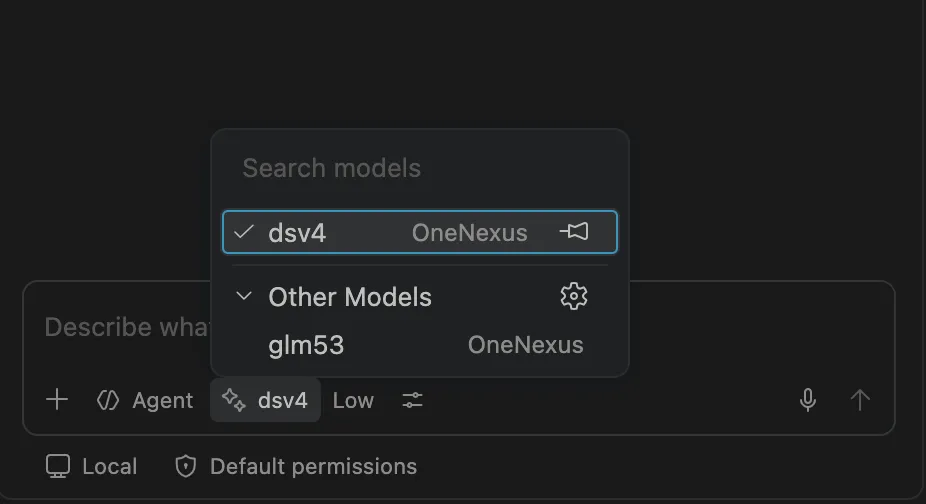 VS Code Chat's model picker. dsv4 is selected at the top with OneNexus shown as its provider; a collapsed Other Models group below holds glm53, also from OneNexus.